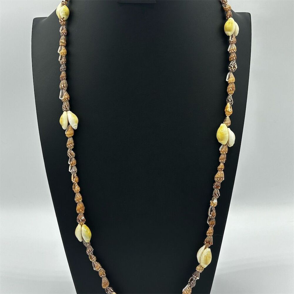 Vintage Cowrie Shell Beaded Necklace Bohemian Beach Opera Length